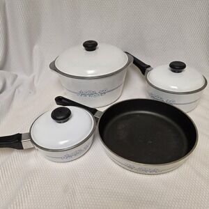 Club Pots (3) and Pan (1) and 3 Lids Blue Stripe/Flowers Blue and White Vintage